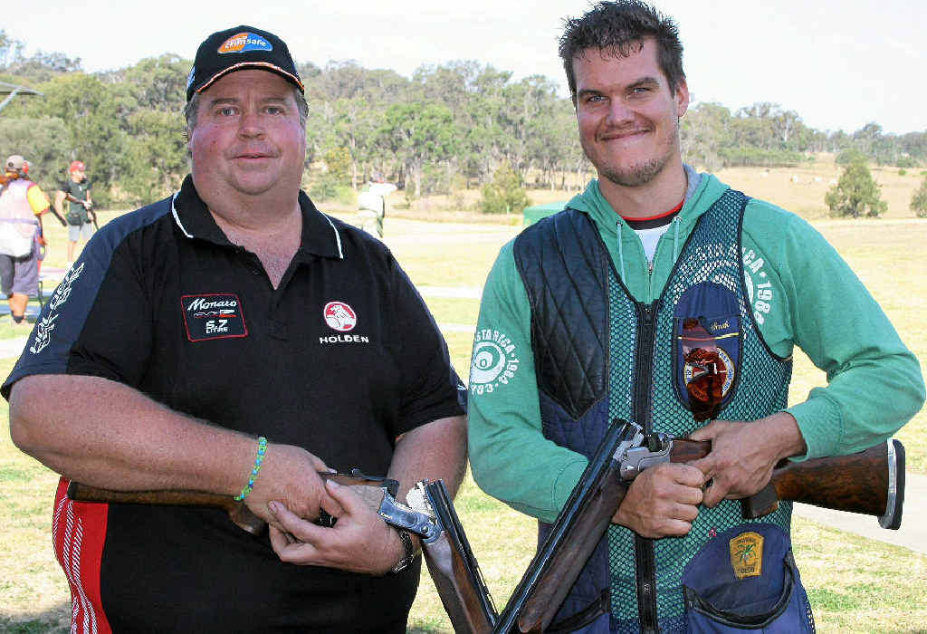 HOT SHOTS: Terry Rogers (left), from the Ballandean Clay Target Club, won the Overall Hi-Gun at Sunday’s 133rd Anniversary Shoot in Warwick to edge out gold Coast shooter Curtis Smith by one shot, hitting 173 out of a possible 174. HOT SHOTS: Terry Rogers (left), from the Ballandean Clay Target Club, won the Overall Hi-Gun at Sunday’s 133rd Anniversary Shoot in Warwick to edge out gold Coast shooter Curtis Smith by one shot, hitting 173 out of a possible 174.